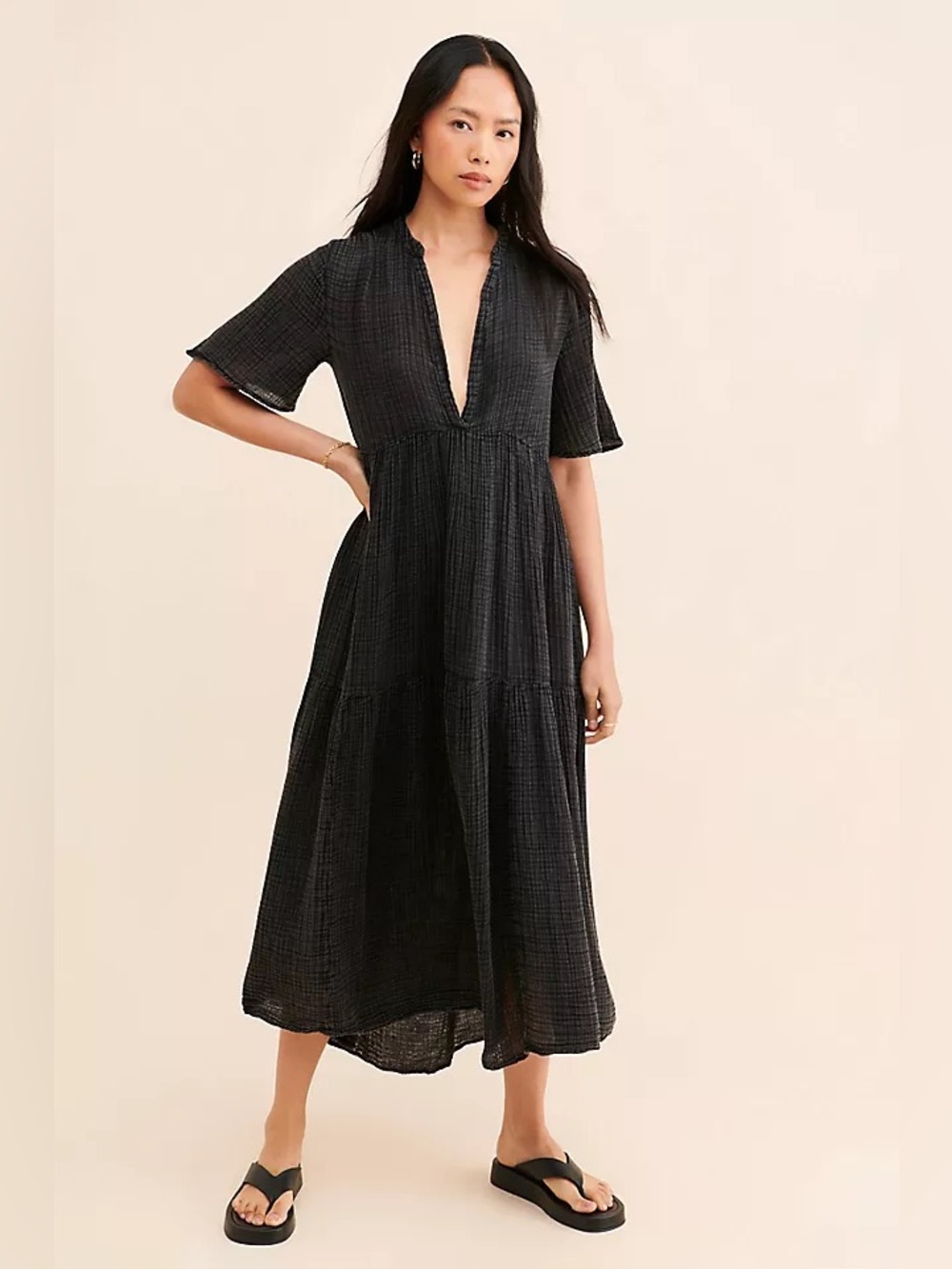 By Anthropologie Black Gauze Tiered V Neck Boho Maxi Midi Dress 1X